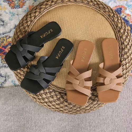 富發牌古著鞋 FUFASHOES 圓弧交叉平底拖鞋-黑/棕 1PLC013