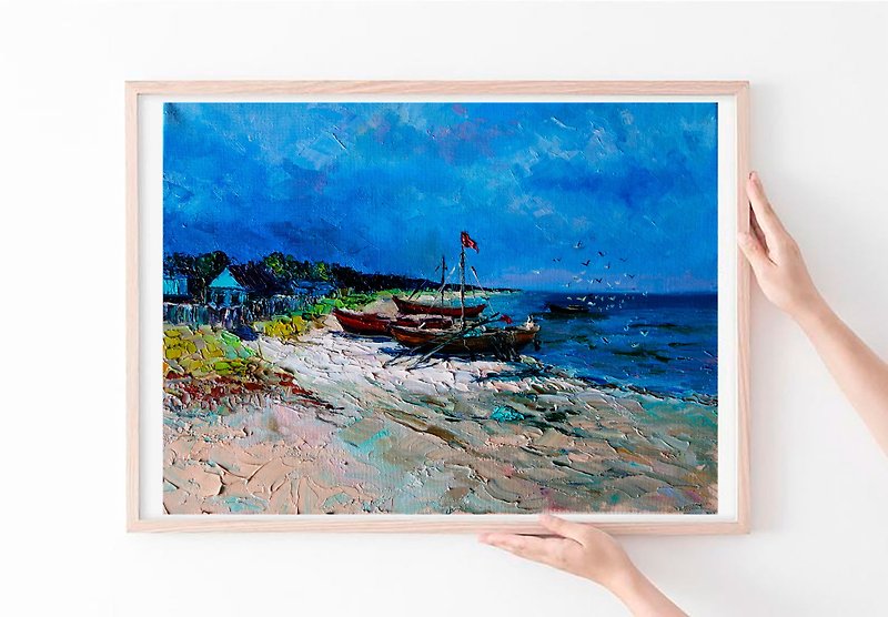 Sailboat Painting Oil Seascape Original Art Artwork Impasto Canvas Art - Posters - Pigment Multicolor
