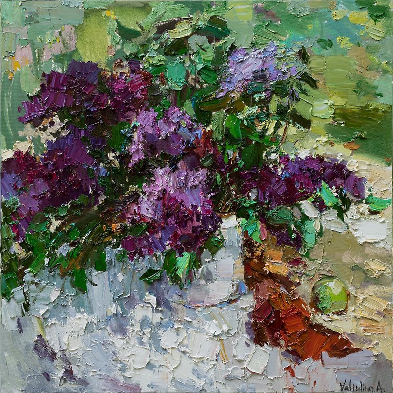 Lilacs still life impasto painting - 海報/掛畫/掛布 - 其他材質 紫色