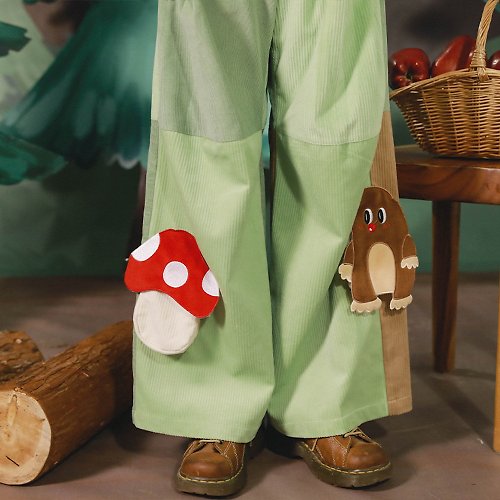 Meugler牛稠岛 牛稠島 森林的秘密 蘑菇鼴鼠立體口袋 燈芯絨撞色拼接喇叭闊腿褲