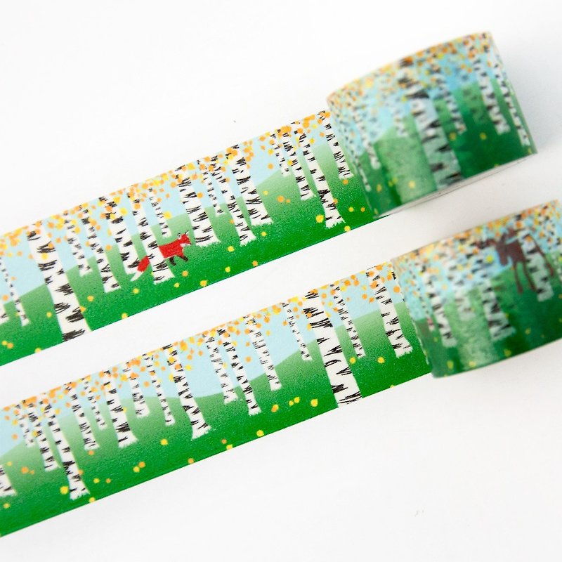 Autumn Birches 30mm x 10m washi tape - Colorful Fall Day in the Birch Forest - 紙膠帶 - 紙 綠色