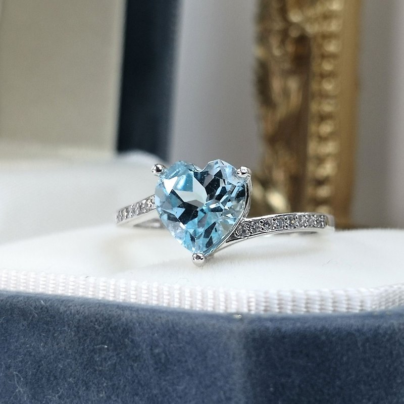Pure and translucent Swiss blue Stone heart-shaped exquisite cut full of luster sterling silver ring gift - General Rings - Sterling Silver Blue