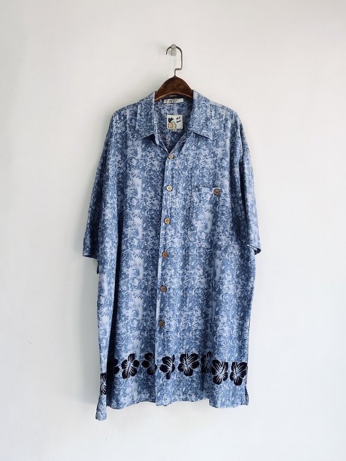 河水山 淺水藍波紋扶桑花 古著絲質夏威夷襯衫上衣vintage Aloha Shirt