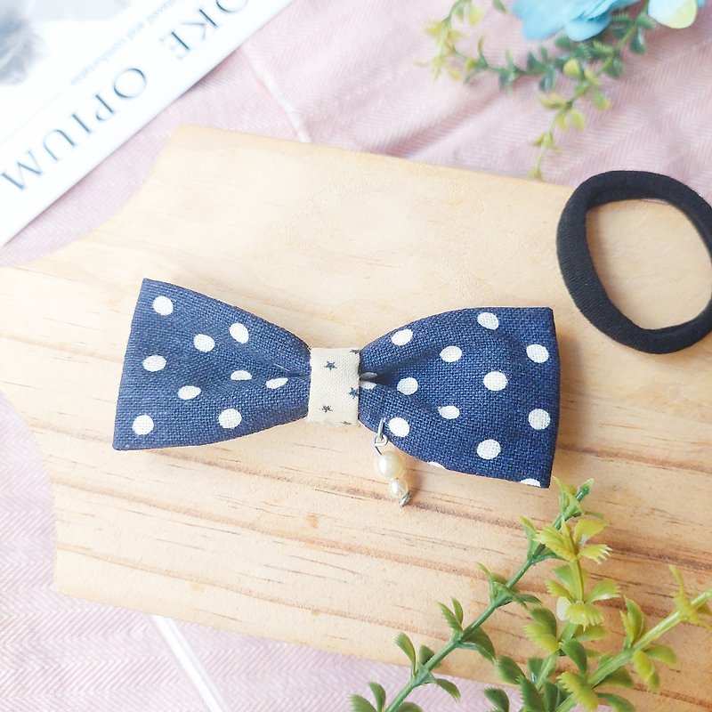 Bow hair tie-blue dot color matching beads - Hair Accessories - Cotton & Hemp 