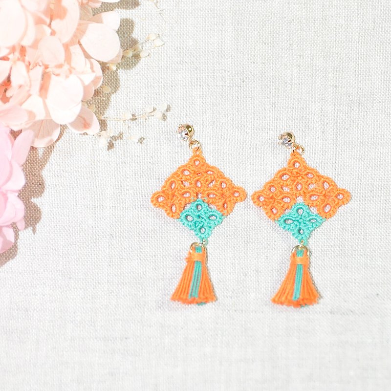 【Made To Order】Mosaic Square Tassel Earrings Tatting – Orange x Peacock Green - Earrings & Clip-ons - Thread Orange