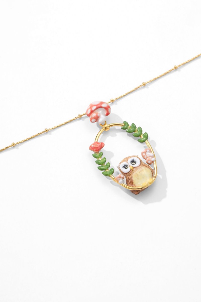 森林小精靈琺瑯咖啡貓頭鷹項鍊 - 項鍊 - 琺瑯 