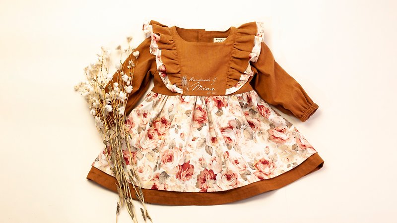 Handmade by Mina Damascus Rose Ruffle Double Skirt Long Sleeve Dress with Gift Box - Skirts - Cotton & Hemp Multicolor