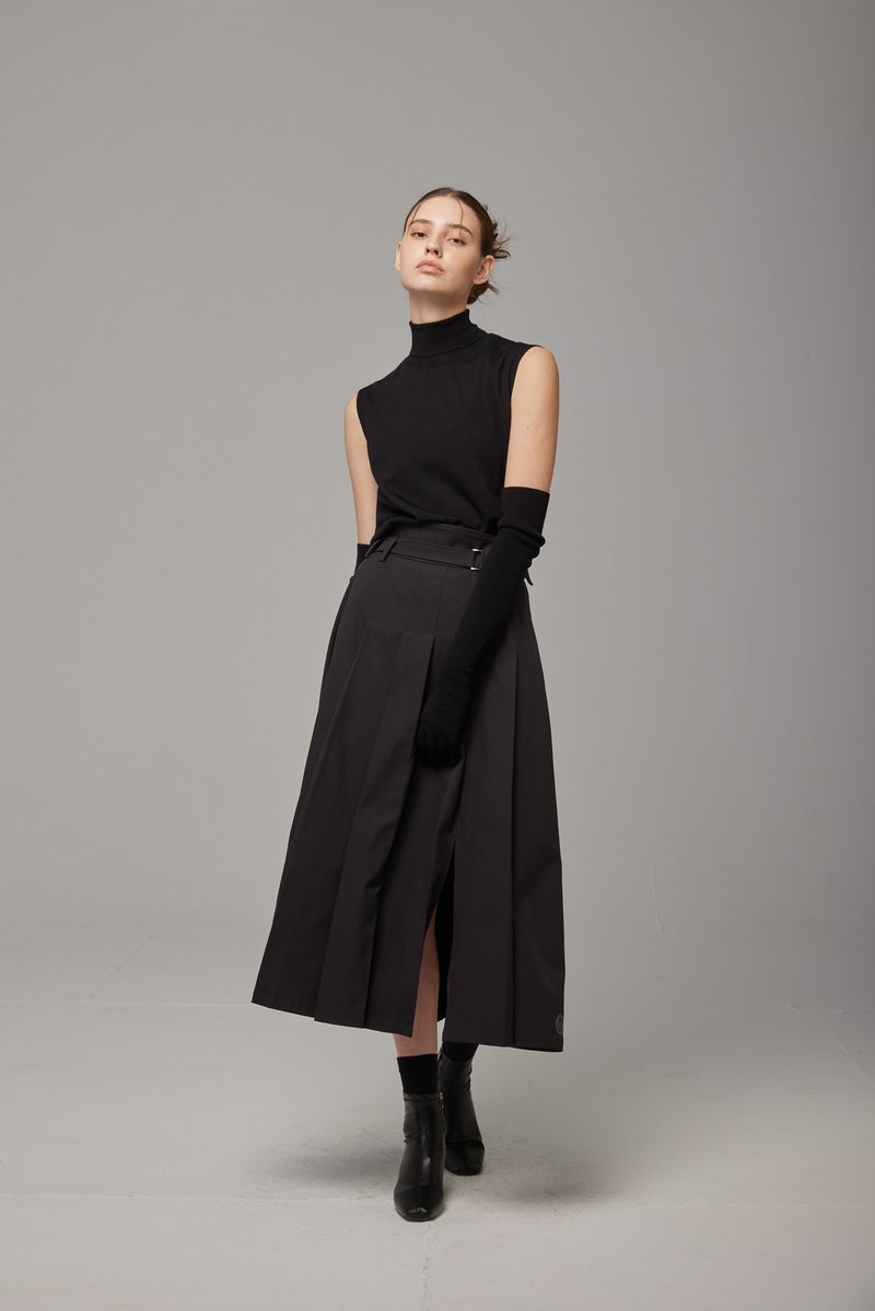 Workwear patchwork pleated skirt_black (22W1SK01) - กระโปรง - เส้นใยสังเคราะห์ 