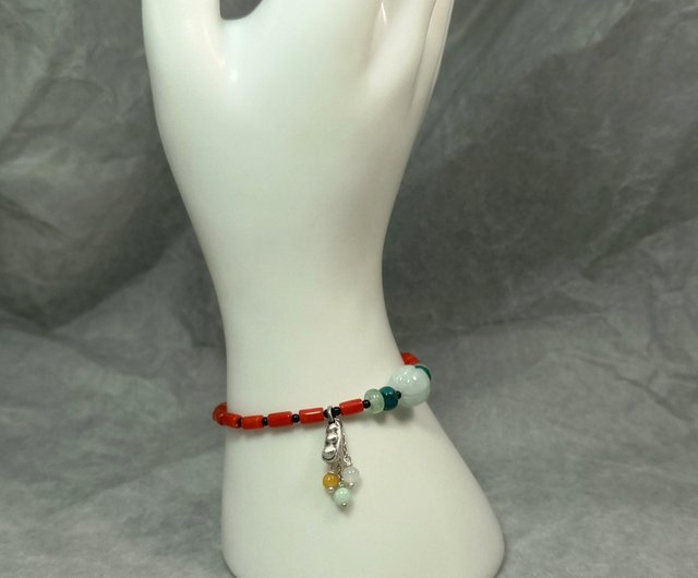 手鍊紅珊瑚翡翠瓜珠鳳凰石水沫子黑瑪瑙豆莢925銀飾寶石善觀手作｜手鍊