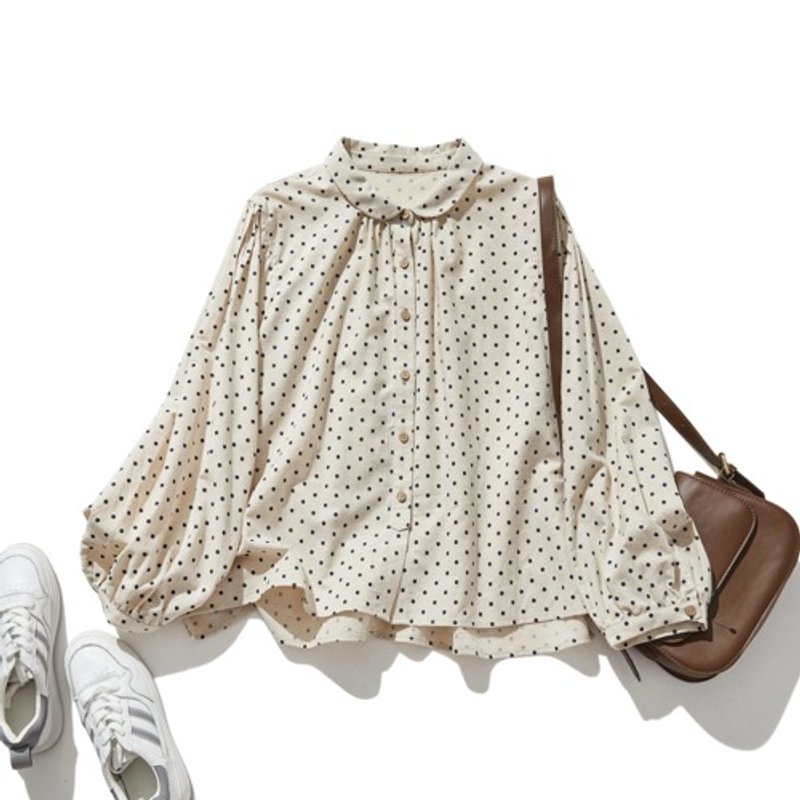 Cute and mature dot print shirt blouse, cotton Linen long sleeve top, beige 241010-1 - เสื้อผู้หญิง - ผ้าฝ้าย/ผ้าลินิน 