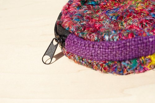 omhandmade 手工鉤針編織圓形零錢包 / 收納包 / 化妝包 / 雜物包 - 紫色棉麻 + 手捻紗麗線