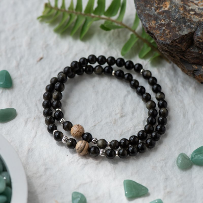 Jin Yao Series 6mm Jin Yao Stone Wood Fossil Double Bracelet - Bracelets - Semi-Precious Stones Black