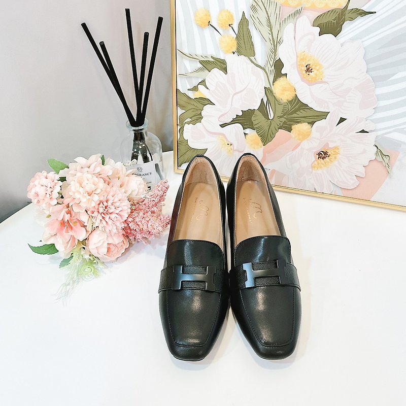 Square Toe H Low Heel Loafers-Black - รองเท้าอ็อกฟอร์ดผู้หญิง - หนังแท้ 