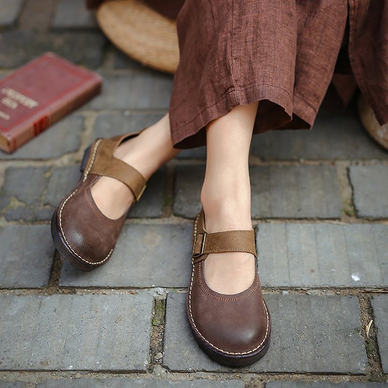 Art retro Mary Jane small leather shoes breathable soft sole women's shoes - Women's Leather Shoes - Genuine Leather Brown