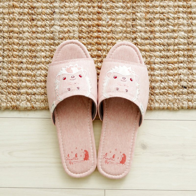 Organic Cotton Embroidered Indoor Slippers (Flower Hedgehog) Flower Pink / Valentine's Day Gift - รองเท้าแตะในบ้าน - ผ้าฝ้าย/ผ้าลินิน สึชมพู