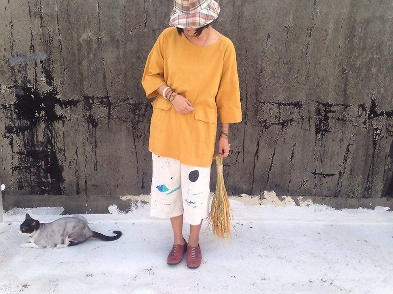 Sea Rice_Jute Cotton Double Pocket Hand Clothes - เสื้อผู้หญิง - ผ้าฝ้าย/ผ้าลินิน สีเหลือง
