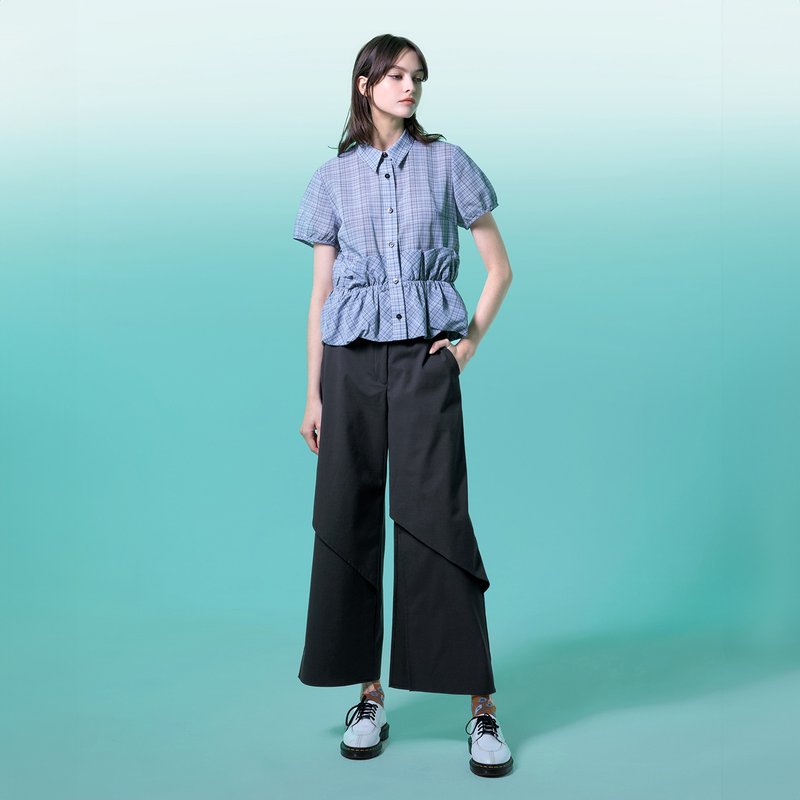 層次感斜斜波浪片長褲 - 女長褲 - 棉．麻 黑色