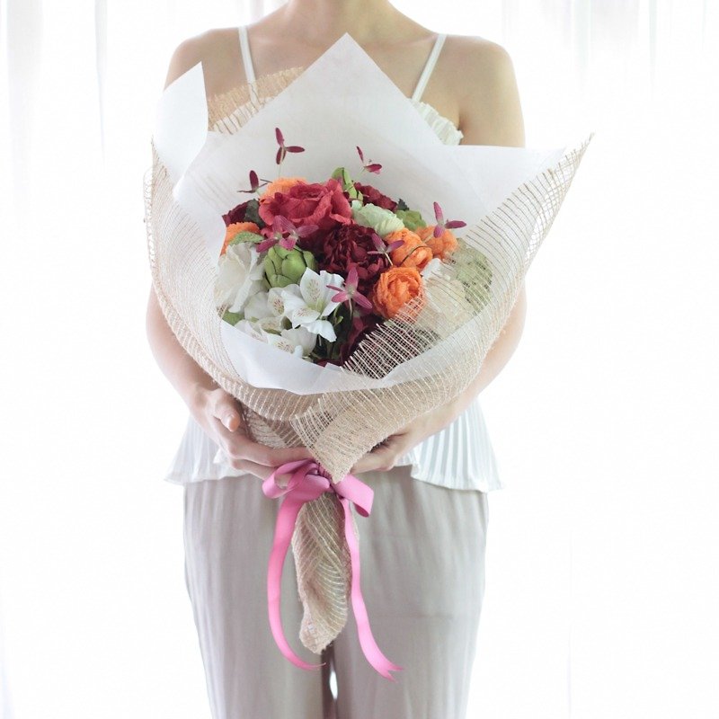 CB212 : Paper Flower Handmade Congratulations Bouquet Wild Orange&Green Size 12"x18" - 木工/竹藝/紙雕 - 紙 橘色