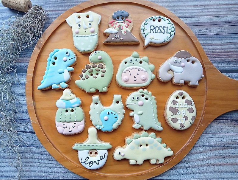 Jurassic dinosaur saliva collection biscuits 12+1 pieces icing biscuits handmade biscuits birthday gift - Handmade Cookies - Other Materials 