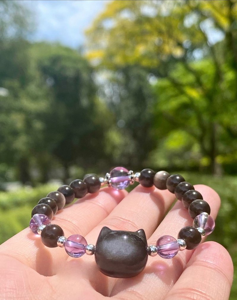 Silver obsidian cat and amethyst design bracelet - Bracelets - Crystal 