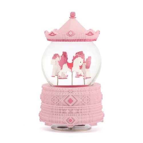 JARLL 讚爾藝術 像素馬 - 積木風格(粉紅)水晶球音樂盒 生日情人彌月聖誕交換禮物