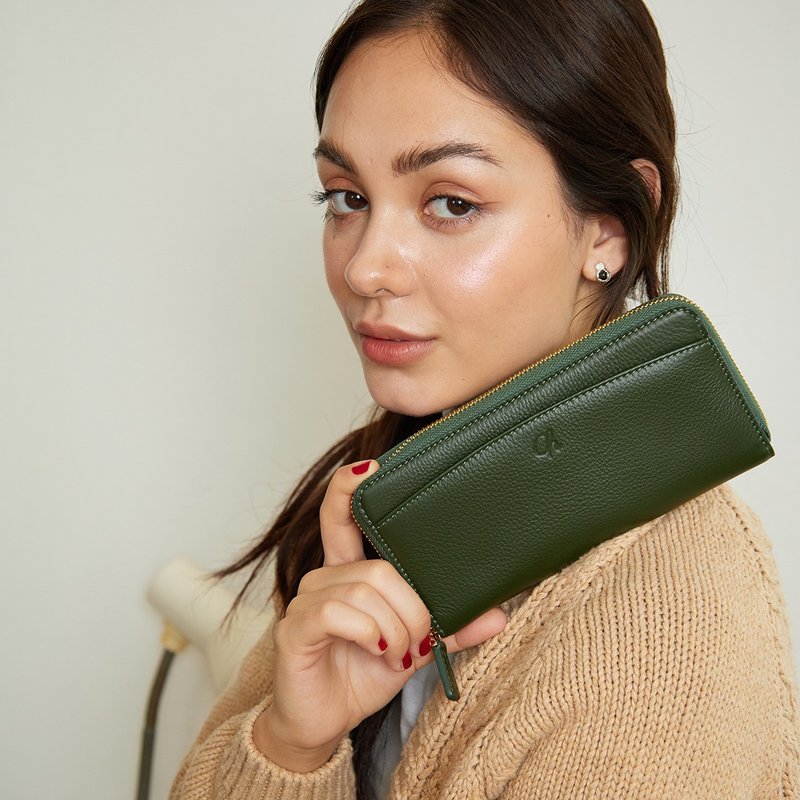 DOLLAR (Green) : Zip around long wallet, cow leather, Dark green wallet - 錢包/皮夾/長短夾 - 真皮 綠色