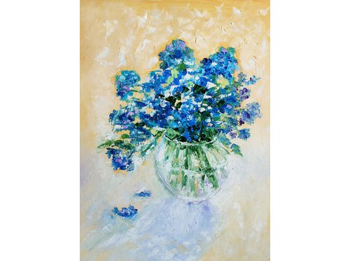 青い花の花束 原画、忘れな草アート、フローラルウォールアート 手工油畫