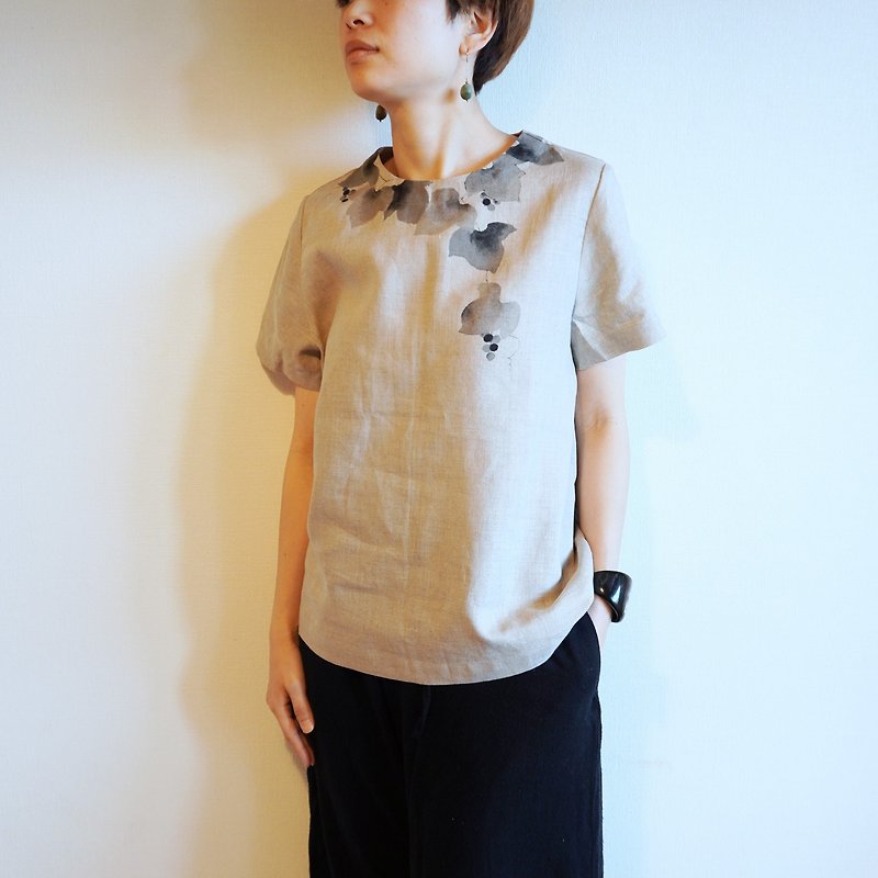 Linen/ short sleeve blouse beige / grape