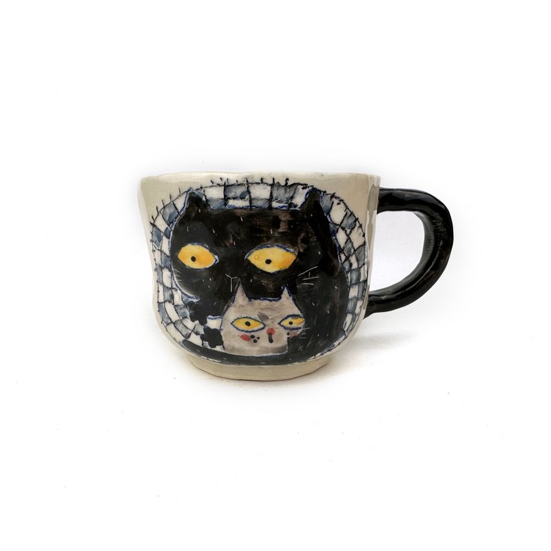 Nice Little Clay Handmade Mug Cute Black Cat 0104-75 - แก้วมัค/แก้วกาแฟ - ดินเผา ขาว