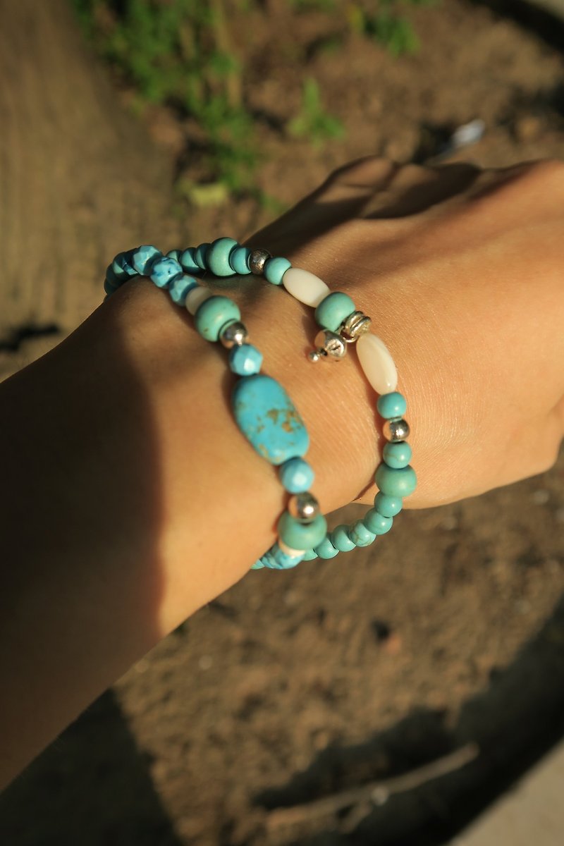 [Spirituality] small hand material turquoise blue turquoise / bead / 925 sterling silver beads / two rings bracelet neutral men and women gifts - สร้อยข้อมือ - เครื่องเพชรพลอย สีน้ำเงิน