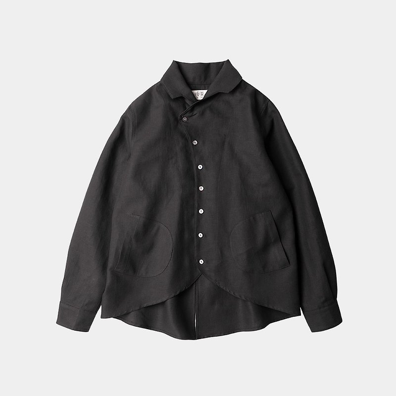 Swallowtail slitted retro collar shirt black cotton and linen shirt female No.576 - เสื้อเชิ้ตผู้หญิง - ผ้าฝ้าย/ผ้าลินิน สีดำ