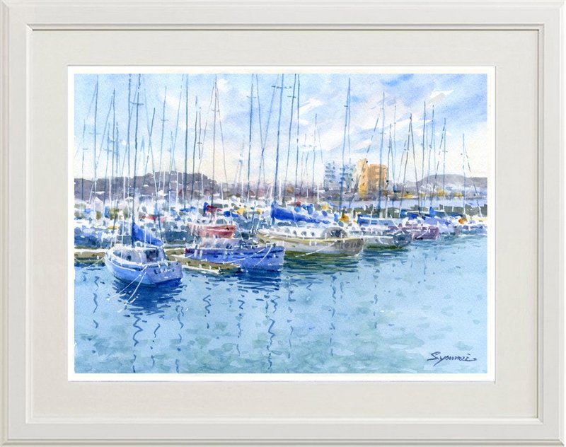 水彩画原画　江の島ヨットハーバー 10 - 海報/掛畫/掛布 - 紙 藍色