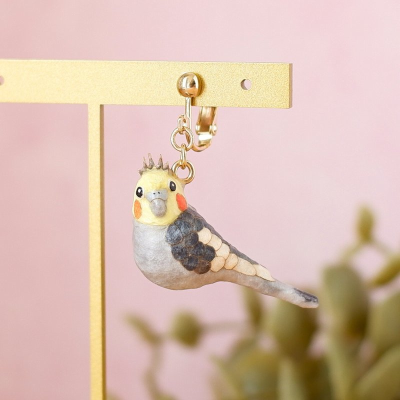 和紙アクセサリー　イヤリング/ピアス　オカメインコ　ノーマル　インコ　鳥　飼い鳥 - 耳環/耳夾/耳骨夾 - 其他材質 灰色