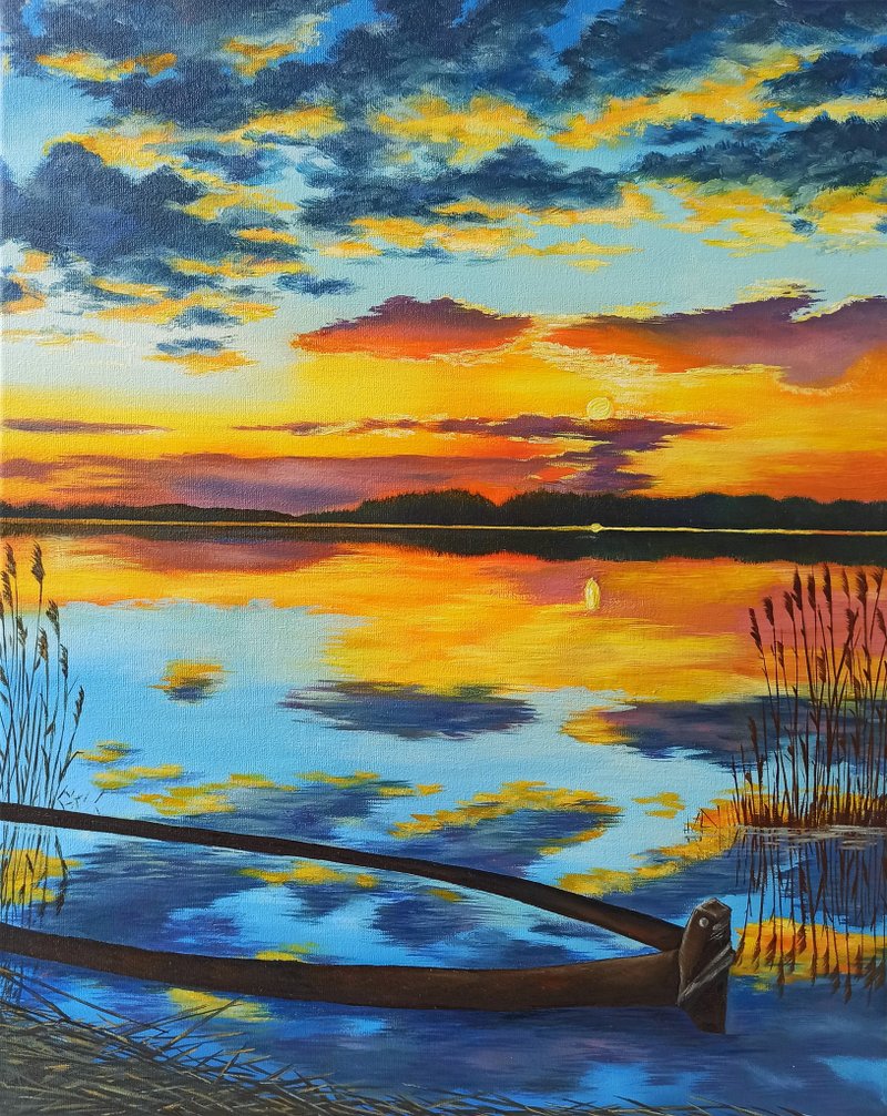 Painting  Sunset On The Lake Oil Landscape Nature Oil Painting - Posters - Cotton & Hemp Multicolor