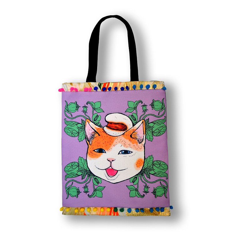 GOOKASO 雙面購物袋 TOTE BAG 紫羅蘭色 薏米貓咪 棉麻印花圖案 背面日本和服織錦綢緞 綴彩色小球花邊 - 手袋/手提袋 - 棉．麻 紫色