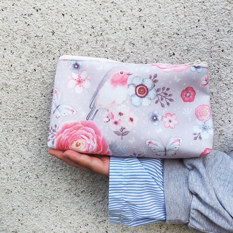 防水 手作收納化妝包-鳥語花香 - 化妝包/收納袋 - 棉．麻 粉紅色