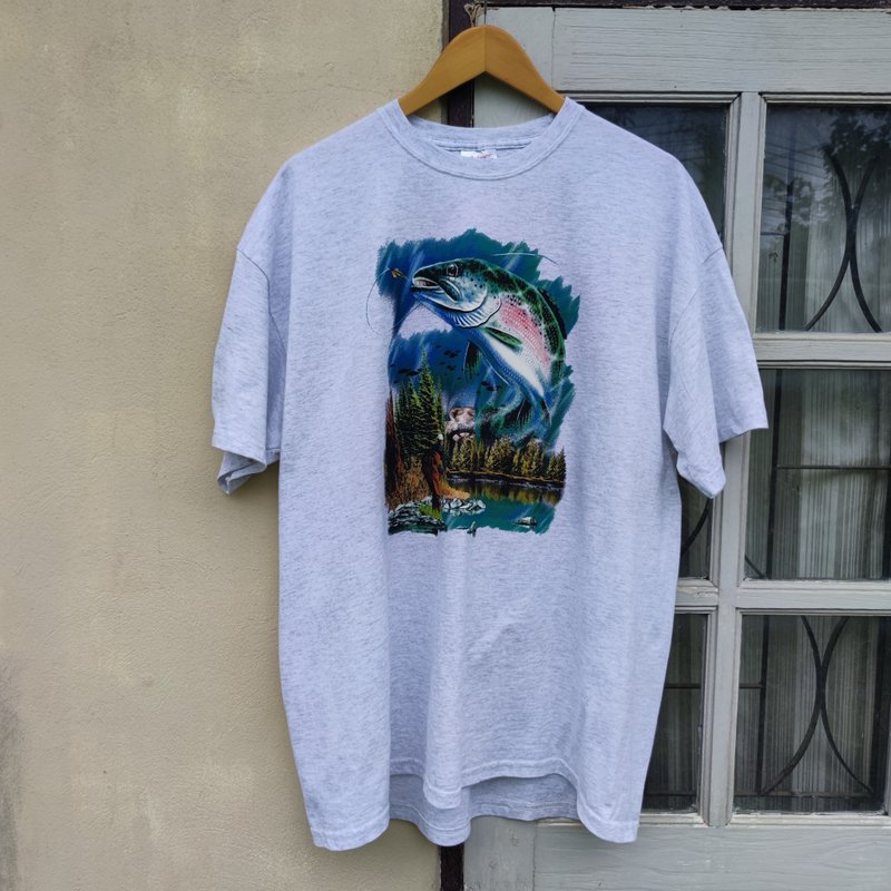 Vintage Trout Fishing  T Shirt - เสื้อยืดผู้ชาย - ผ้าฝ้าย/ผ้าลินิน ขาว