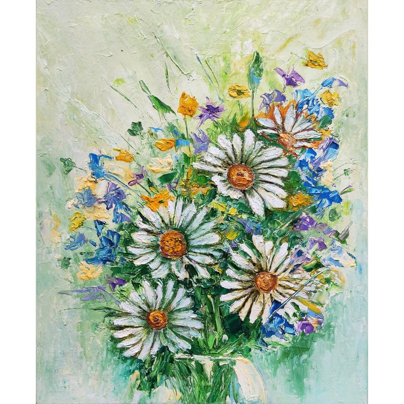 Flower Bouquet Original Painting, Daisies Wall Art, Floral  Impasto Artwork.手工油畫 - 海報/掛畫/掛布 - 其他材質 多色