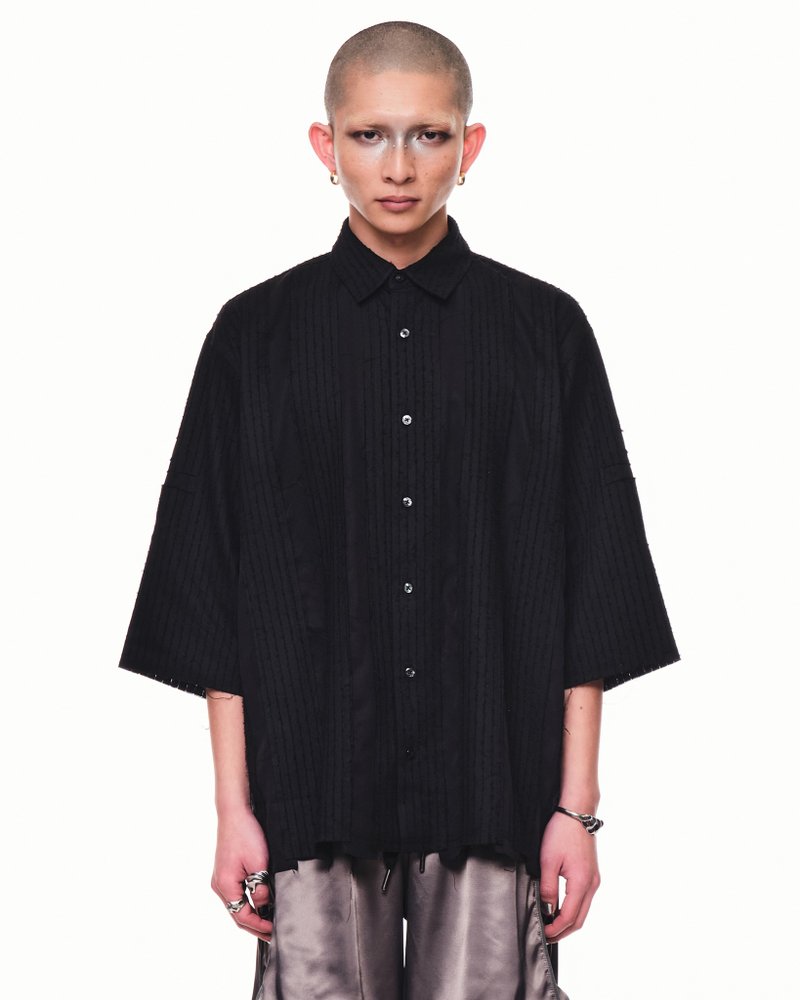 Spliced Shirt - 男襯衫/休閒襯衫 - 棉．麻 黑色