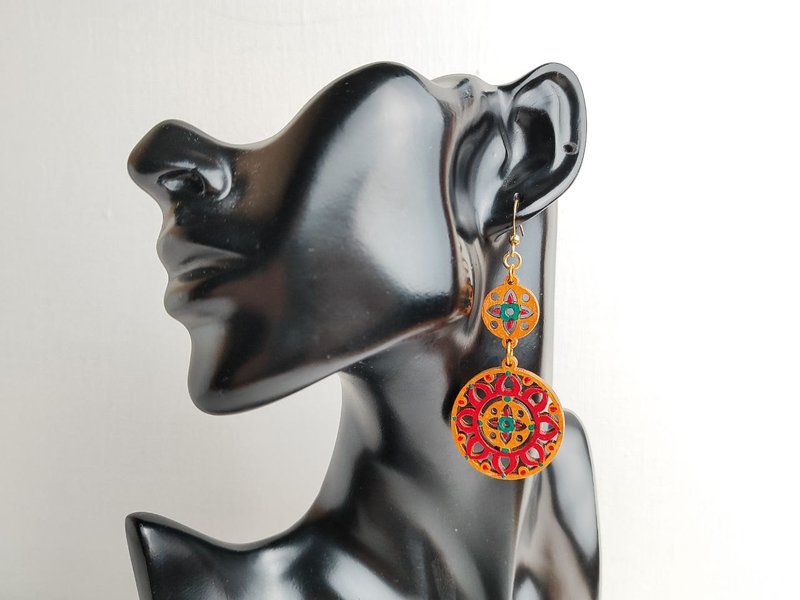 Bright ethnic earrings with hand painting - Earrings & Clip-ons - Wool Red