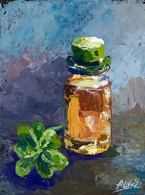 クローバーの絵画 オリジナルのアクリル絵画 抽象的な静物画 ミニ