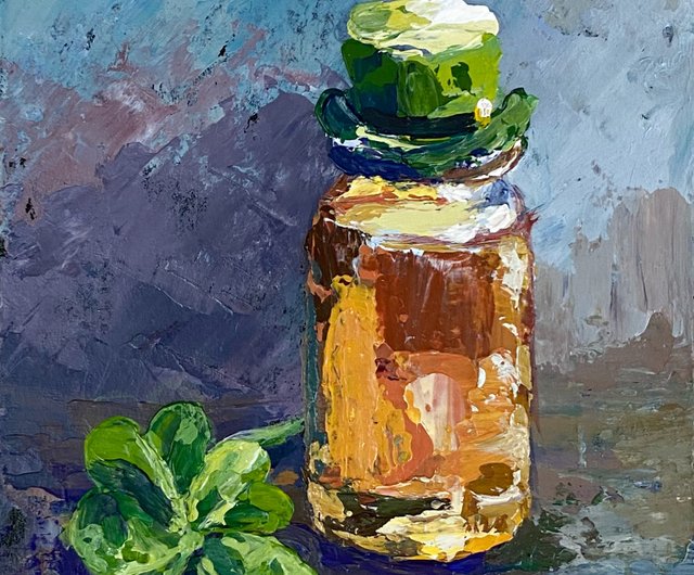 クローバーの絵画 オリジナルのアクリル絵画 抽象的な静物画 ミニ