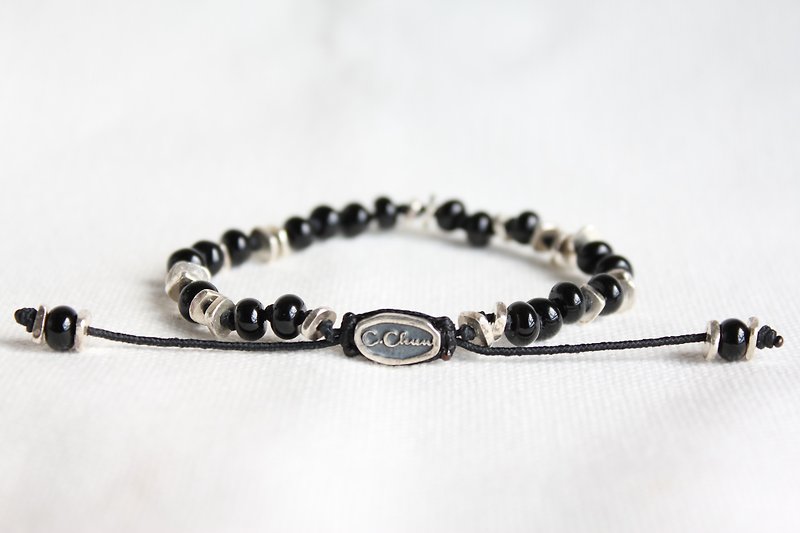 Tie-style natural black agate X handmade sterling silver beads boys and girls bracelet, hand ring simple wild natural stone beaded bracelet (wristband) Customized - สร้อยข้อมือ - เครื่องเพชรพลอย สีน้ำเงิน