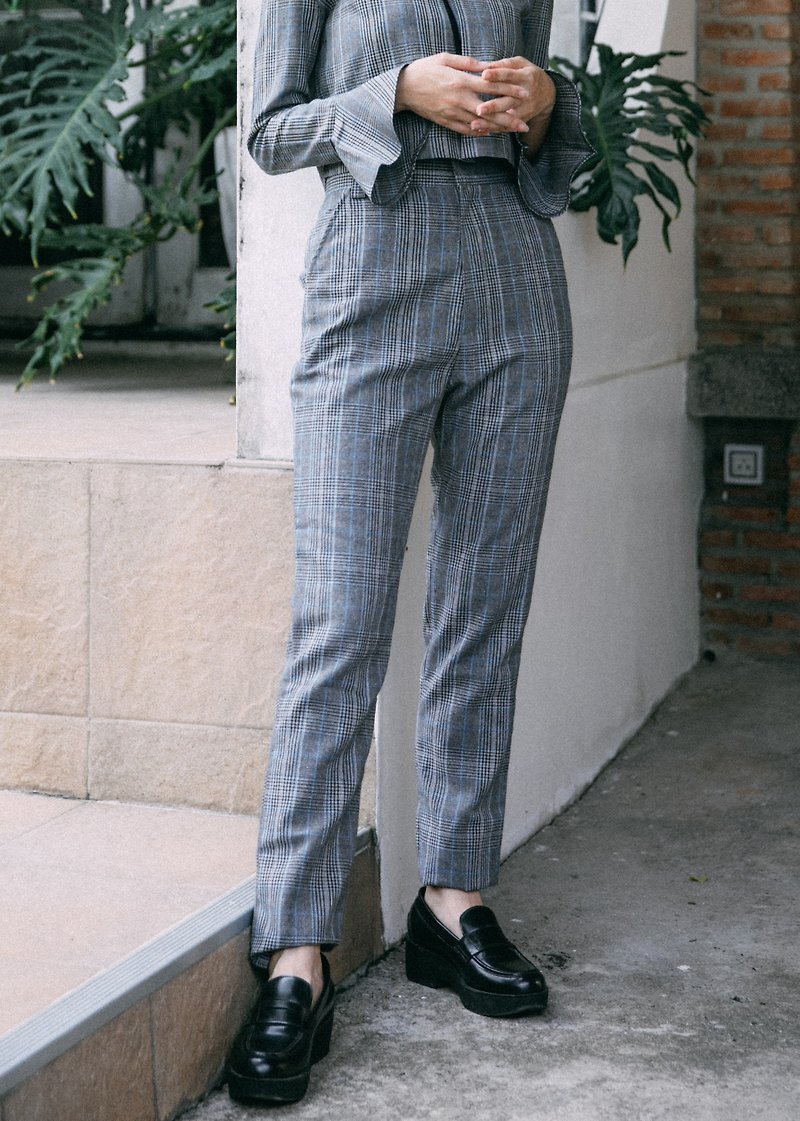 (SIZE M) COOL GREY CHECK PLAID HIGH WAIST PANTS WITH POCKETS - 女長褲 - 其他材質 灰色