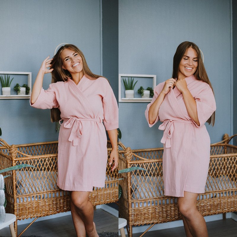 Soft Pink Bathrobe For Women - Muslin Kimono Style Robe - Light And Soft - 睡衣/居家服 - 棉．麻 粉紅色