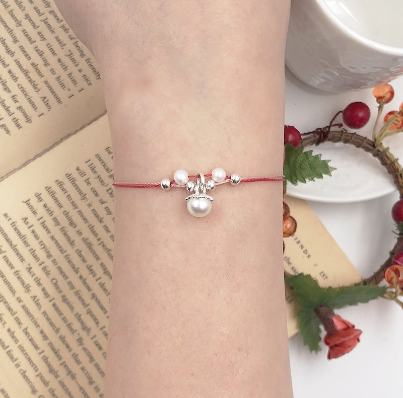 *Le Bonheur happy Line line*925 sterling Silver pearl beads wire design style / design section ultra-fine wire bracelet red peach red string lanyard marriage - สร้อยข้อมือ - เส้นใยสังเคราะห์ สีแดง