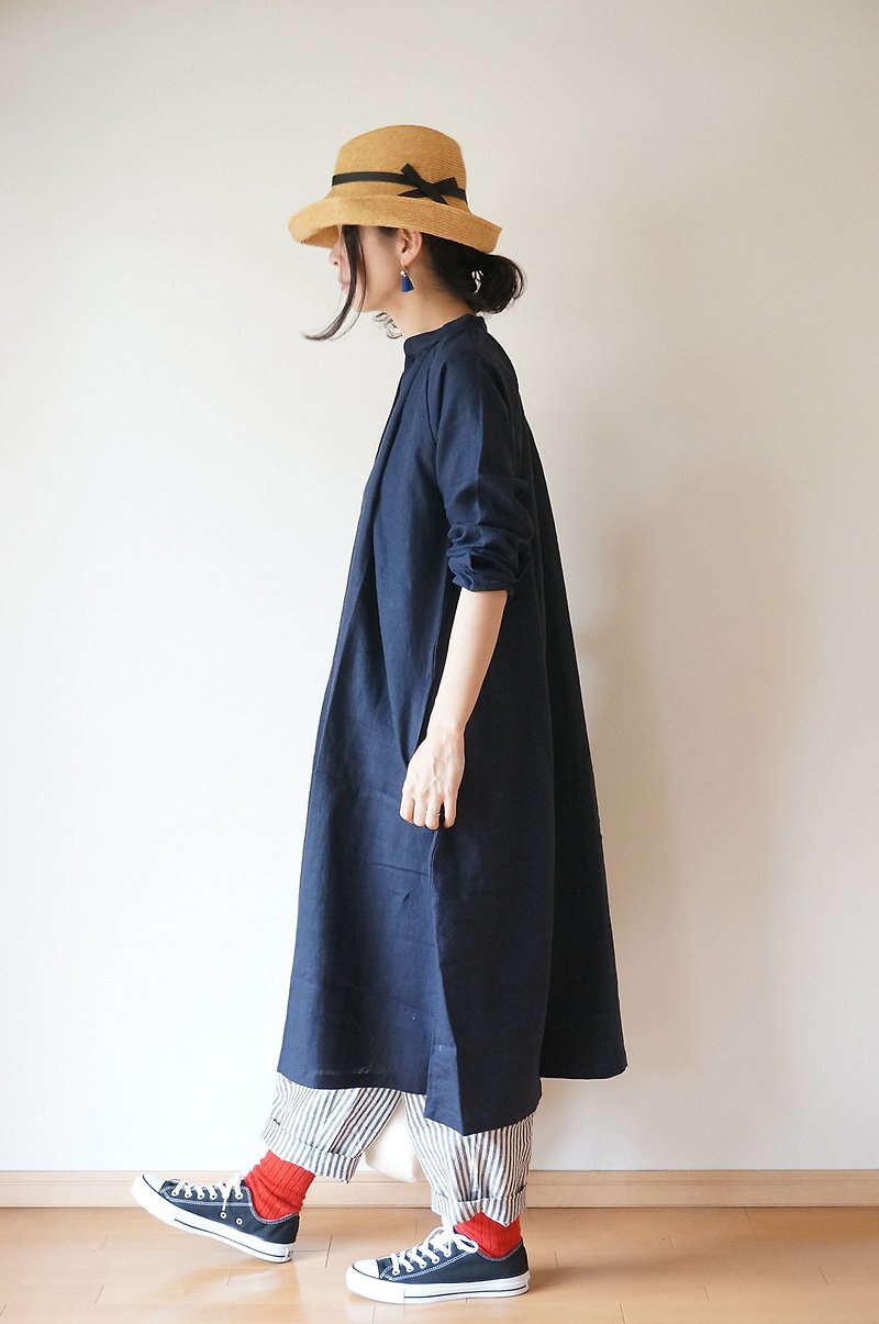 Linen One piece coat ladies NAVY - 連身裙 - 棉．麻 藍色