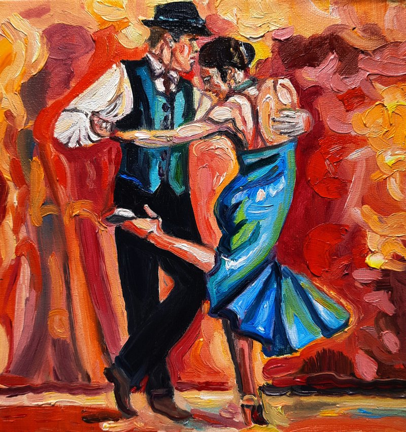 Tango  Painting  Art Dancing Couple Painting  Original Art  Oil Painting - 壁貼/牆壁裝飾 - 其他材質 藍色