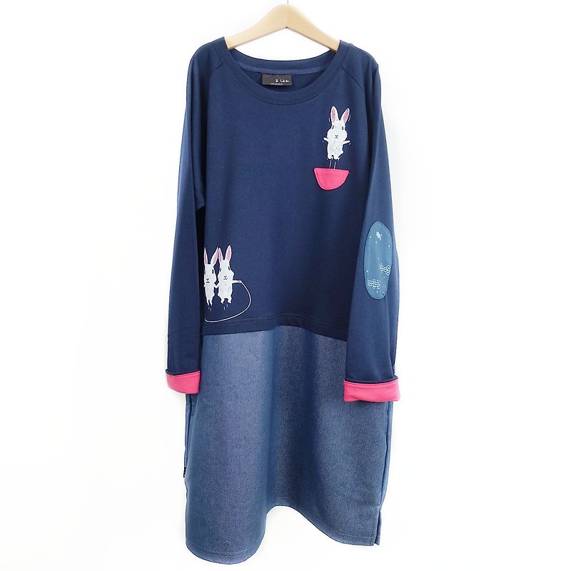 Jumping rabbit long sleeve stitching pocket dress - One Piece Dresses - Cotton & Hemp Blue