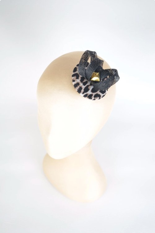 Elle Santos Hair Accessory Clip Black Twirl, Leopard Pattern Fabric and Stud Gold Button